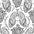 Seamless pattern with anatomical lungs, heart, brain, and arteries drawn in detailed black and white line art for scientific and Royalty Free Stock Photo