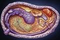 Anatomy drawing showing the pancreas, duodenum, and gallbladder created by generative AI