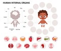 Anatomy human body. Infographics with cute black ethnic boy. Visual scheme internal male organs cartoon characters