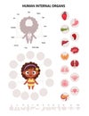 Anatomy human body. Infographics with cute black ethnic girl. Visual scheme internal female organs cartoon characters