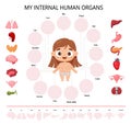 Anatomy human body. Infographics with cute girl. Visual scheme healthy internal female organs, names and locations