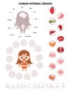Anatomy human body. Infographics with cute girl. Visual scheme internal female organs cartoon characters, names and