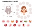 Anatomy human body. Kids cartoon medical infographics. Cute girl and visual scheme internal female organs characters