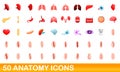 50 anatomy icons set, cartoon style Royalty Free Stock Photo
