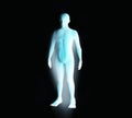 Anatomy of male muscular system. Blue human wireframe hologram. Royalty Free Stock Photo