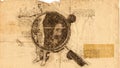 Anatomy of man under magnifying glass in Leonardo Da Vinci style