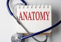 ANATOMY word on notebook with medical equipment on background
