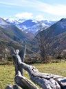 Winter landscape with snowy mountains, wooden fence and green valley. Lugo, Spain.