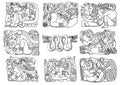 Ancent Mexican tattoo flash set. Set of Aztec labels and elements. Vector set illustration template tattoo.