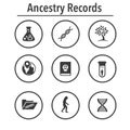 Ancestry or Genealogy Icon Set with Family Tree Album, DNA, beak