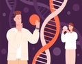 Ancestry genetics. Cartoon people holding molecule dna, genetic science, explore gene chromosome, scientific experiment