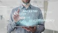 Ancestry, legacy, pedigree, dynasty, family word cloud made as hologram used on tablet by bearded man, also used