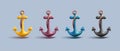 anchor 3D vector icon set, sailing retro anchor with rope in different colors, render illustration