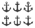 Anchor black icons set. Silhouettes marine equipment. Nautical vessel mooring appliance, Traditional ship accessory