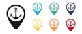 Anchor, boat, ship concept label on the map. Set of multicolored icons. Illustratione