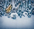 Anchor bolts bolt details nuts hook wrenches and flat spanner on Royalty Free Stock Photo
