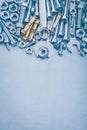 Anchor bolts screwbolts nuts hook wrenches and Royalty Free Stock Photo