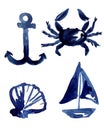Anchor, crab, shell, ship. Blue watercolor nautical set of icons Royalty Free Stock Photo