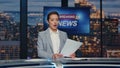 Anchor discussing daily events television closeup. Woman translating live news