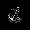 Anchor dotwork tattoo with dots shading, depth illusion, tippling tattoo. Hand drawing white emblem on black background Royalty Free Stock Photo