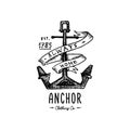 Anchor engraved vintage in old hand drawn or tattoo style, drawing for marine, aquatic or nautical theme, wood cut, blue