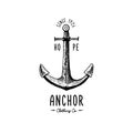 Anchor engraved vintage in old hand drawn or tattoo style, drawing for marine, aquatic or nautical theme, wood cut, blue