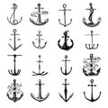 Anchor engraved vintage in old hand drawn or tattoo style, drawing for marine, aquatic or nautical theme, wood cut, blue