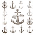 Anchor engraved vintage in old hand drawn or tattoo style, drawing for marine, aquatic or nautical theme, wood cut, blue