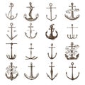 Anchor engraved vintage in old hand drawn or tattoo style, drawing for marine, aquatic or nautical theme, wood cut, blue