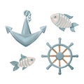 Anchor, fish and steering wheel. Sea symbols on white background