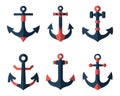 Anchor flat icons set. Nautical vessel mooring appliance, Traditional ship accessory. Silhouettes anchor marine