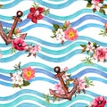 Anchor, flowers, sea waves. Seamless pattern with floral decoration and blue stripes. Romantic marine background Royalty Free Stock Photo