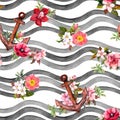 Anchor, flowers , sea waves. Seamless pattern with gray, black and white stripes. Feminine, girly design on marine