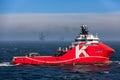 Anchor handler vessel KL Sandefjord side view during an offshore job in the North Sea