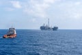 An anchor handling tug boat maneuvering at offshore oil field