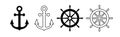 Anchor and helm ship icon. Black silhouette wheel and anchor isolated on white background. Simple outline for design travel print.