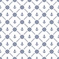 Anchor and helm ship seamless pattern. Blue symbol boat or steering on white background. Repeated marine texture. Repeat maritime Royalty Free Stock Photo