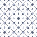 Anchor and helm ship seamless pattern. Blue symbol boat or steering on white background. Repeated marine texture. Repeat maritime