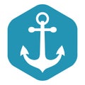 The anchor icon. Marine theme. The oldest symbol of hope. The white silhouette of the anchor on the background of a blue hexagon.