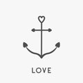 Anchor icon in shapes of heart. Nautical sign symbol. Ship anchor. Love greeteng card. Isolated White background. Flat design