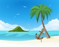 Anchor leaning against the palm on tropical white sand Royalty Free Stock Photo