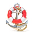 Anchor, lifebuoy and rope. 3D render