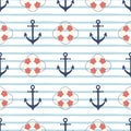 Anchor, lifebuoy seamless sea pattern Cute cartoon sailing marine background Blue stripped print vector