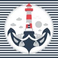 Anchor lighthouse fish illustration