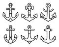 Anchor line icons set. Nautical vessel mooring appliance, Traditional ship accessory. Silhouettes anchor marine