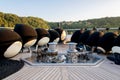 Anchor lowering and raising mechanism, Anchor Buoys and rigging on  the foredeck of a luxurious yacht Royalty Free Stock Photo