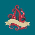 Anchor with pink tentacles and vintage ribbon. Naval theme illustration.