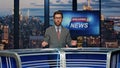 Anchor reporting breaking news at studio. Man journalist telling live reportage Royalty Free Stock Photo