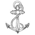 Anchor with rope engraving hand drawn sketch vector nautical illustration. Retro vintage marine equipment. Metal anchor label. Royalty Free Stock Photo