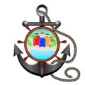 Anchor, rope, helm and porthole with sea landscape, beach